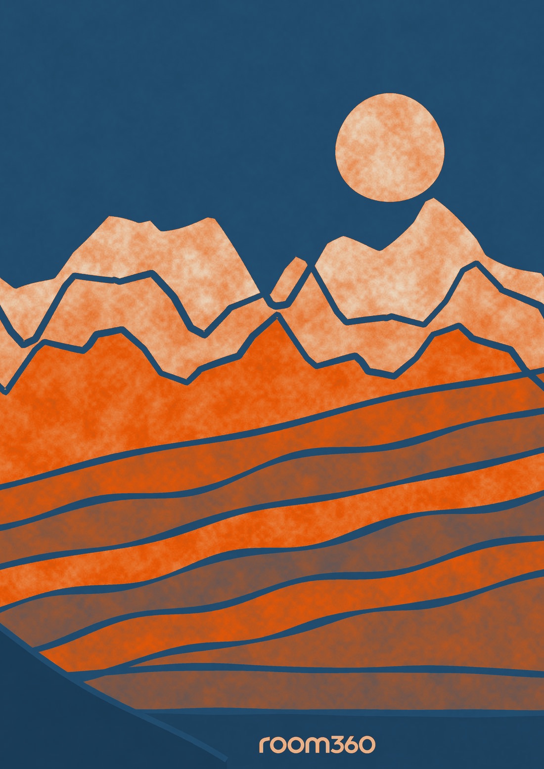 ROOM360 landscape poster: the logo redrawn as mountains, dunes and a rising sun